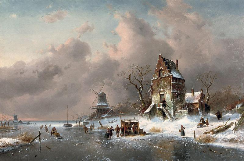 Charles Leickert Numerous skaters near a koek-en-zopie on a frozen waterway by a mansion,